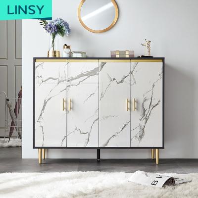 China (Other) Linsy Modern Luxury Modern European Solid Wood Cabinet Adjustable JH4N White and Gold Shoe Racks Marble Shoe Organizer Storage for sale