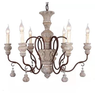 China Distressed Painted Chandelier Distressed Cottage Wood French Country Chandelier Hanging Light for sale