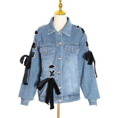 China Anti-wrinkle denim jacket for women spring new European and American cross strap style loose bow tied long top sleeves for sale