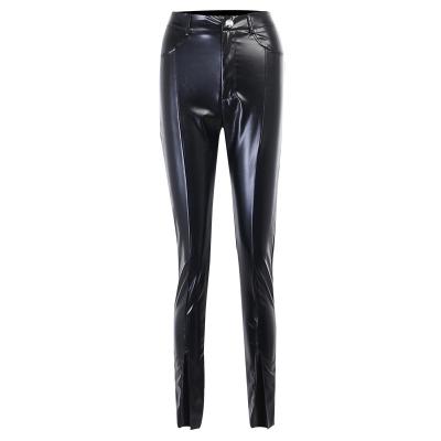 China 2021 New Black Simple Skinny Casual Spring Slit Breathable Leather Pants For Women for sale