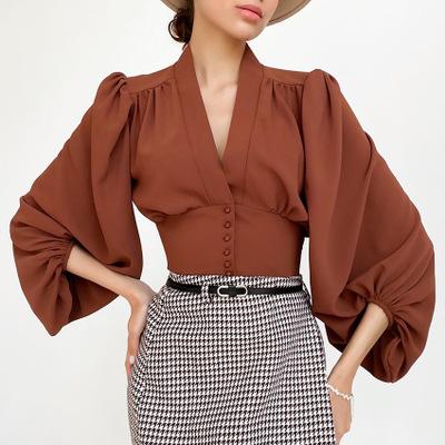 China Long Sleeve V Neck Lantern Sleeve Fashion Anti-Pilling Women High Quality Casual Shirt Female Blouse Crop Top for sale