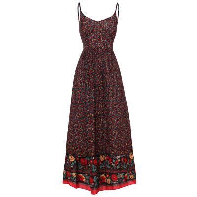 China European and American women's new summer breathable V-neck print strap border casual long floral dress for sale