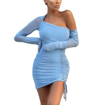 China 2021 Summer Women Anti-Static Spring Long Sleeve Off Shoulder Pleated See Through Mini Dress Female Clothing Streetwear for sale