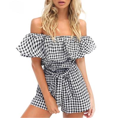 China Anti-Wrinkle Off The Shoulder Women Plaid Overalls Summer Beachwear Slim Ruffles Playsuit Ladies Overall Romper for sale