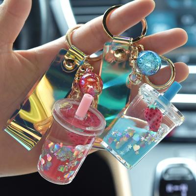 China Promotion Gift Fashion Fruit Strawberry Milk Tea Strawberry Quicksand Acrylic Bag Key Chain Ladie Jewelry Gift for sale