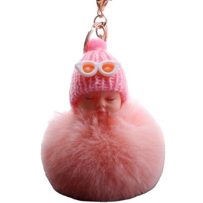 China Promotion Gift Baby - Fluffy Doll Key Chains Toy Cute Sleeping Baby Doll Pom Pom Faux Fur Keychains For Women Bag Toy Keychain Gift for sale