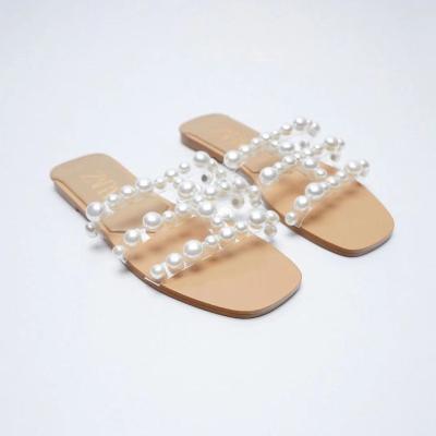 China Fashion Trend High Quality New ZAR Beach Women's Shoes Artificial Pearl Inlaid Flat Sandals For Womenheeled Sandals for sale