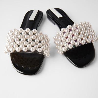 China Roman Shoes. New Fashion Women Shoes Black Heel Roman Sandals Pearl Leather Flat Sandals ZAR New Women's Shoes Low Heel for sale