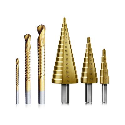 China 6 Pcs/Set HSS Steel Titanium Coated Straight Slot Step Drill Bit Set Twist Hole Cutter Woodworking Metal Tool YS-WJ 32 for sale