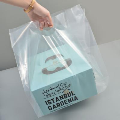 China Recyclable Custom Printed Plastic Poly Bag Cake Carrier Bags Recyclable For Cake Frosted PE Die Cut Patch Handle Bag Suppliers for sale