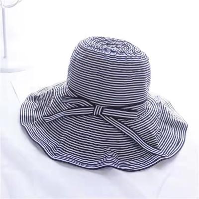 China 2022 Hot Selling Parasol Wide Brim Striped Bowknot Woman Folding Portable Hat Sun Summer for sale