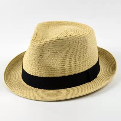 China European American Style Character Jazz Panama Men Natural Fedora Logo Straw Hat With Ribbon for sale