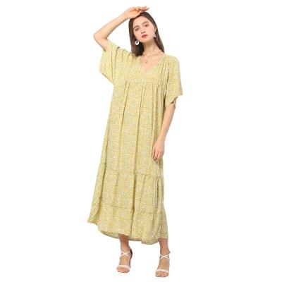 China CGYY Vintage Anti-Static V-Neck Plus Size Summer Vestido Floral Bohemian Beach Knitted Casual Dress Long Maxi Boho Dress for sale