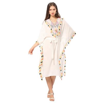 China CGYY White Anti-Static V-Neck Shorts Sheath Casual Women Crochet Loose Cotton Maxi Boho Dress Beach Bohemian Dress for sale