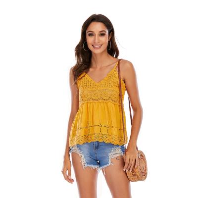 China CGYY QUICK DRY Loose Women Yellow Boho Summer Sling Vest Beach Wear Blouse Hollow Out Camis Beach Tops Cover Up for sale