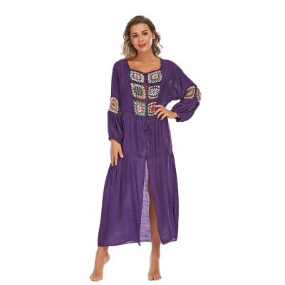 China CGYY Anti-Static Bohemian Purple Crochet Swimsuit Cover Up Summer Beach Wear Casual Sleeve Blouse Plus Size Maxi Dress for sale