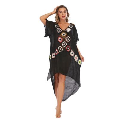 China CGYY Anti-Static Loose Knitted Maxi Dress Ladies Beach Bohemian Casual V-Neckline Black Cover Up Crochet Swim Dress for sale