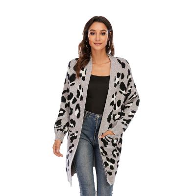 China Wholesale Boho Anti-wrinkle CGYY Leopard Women Knitted Cardigan Long V-Neckline Custom Cardigan Sweater With Pocket for sale