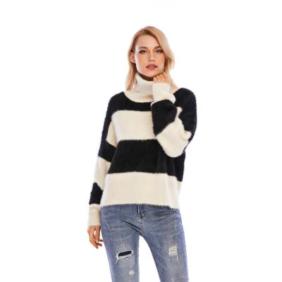 China CGYY Anti-Wrinkle Women Turleneck Sweater Knitted Long Sleeve Stripes Boho Casual Black And White Pullovers for sale