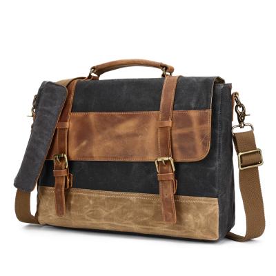 China Full grain leather men messenger laptop handbag durable waxed canvas messenger shoulder handbag and fashionable for sale