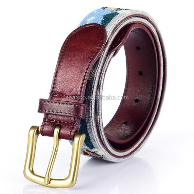 China High quality 100% needlepoint leather belt golf leather belt handmade stitching printed custom logo for sale