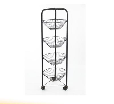 China Durable Metal Vegetable / Fruit Stand 4Tier Storage Basket With 3 Wheel for sale