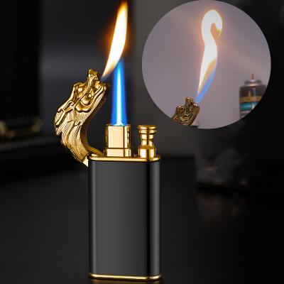 China American Style Creative Windproof Liter For Smoking Open Metal Dragon Tiger Double Fire Cigarette Lighter Blue Flame Fire Conversion Lighter for sale