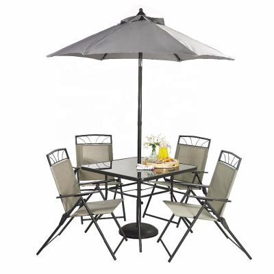 China With 4pcs foldable chairs patio garden set 6 piece durable outdoor dining set with reclining dining table 4 chairs and matching umbrella for sale