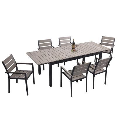 China Extendable table and extended table top is fold-down. Outdoor Furniture Plastic Wood Extension Table Chairs Set Modern Outdoor Dining Table Set 6 Chairs for sale