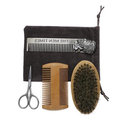 China Paddle Comb Mustache Beard Brush and Wooden Stainless Steel Scissors Facial Hair Care Comb Kit for sale