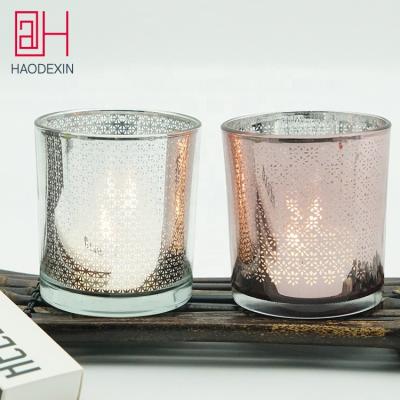 China HAODEXIN Luxury Christmas 11oz Home Decor Plated Single Glass Candle Jars Decorative Votive Candle Holders Glass Jar for sale