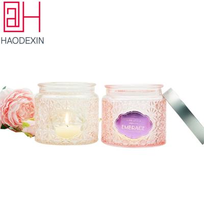 China Wholesale Empty HAODEXIN 10oz Faceted Candle and Food Emboss Candle Glass Jars with Lids 8oz Metal Tin Glass Storage Jar for Candle Making Food for sale