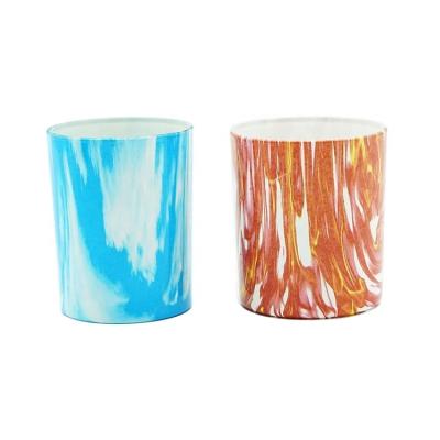 China Home Decoration HAODEXIN 9oz Colored Pattern Glass Color Transfer Water Jar Candle Tumbler Painting Glass Jars With Lid For Wedding Decor for sale