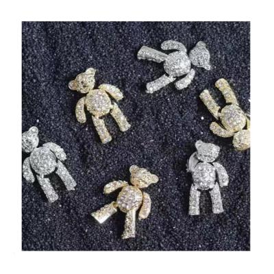 China Cute 3D Alloy Luxury Zircon Bqueen Cute Gold/Silver Rhinestone Bear Nail Charms DIY Bear Movable Nail Art Decoration for sale