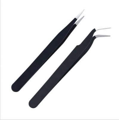 China Collecting Art Anti-Static Black Stainless Steel Bent Straight Head Tweezers Rhinestone Manicure Nail Tools False Eyelash Extension Tweezers for sale