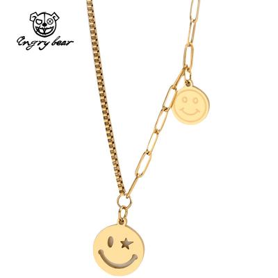 China Romantic Hot Selling 18K Gold Plated Stainless Steel Non Tarnish Jewelry Smiley Face Pendant Necklace Happy Charm Clip Chain for sale