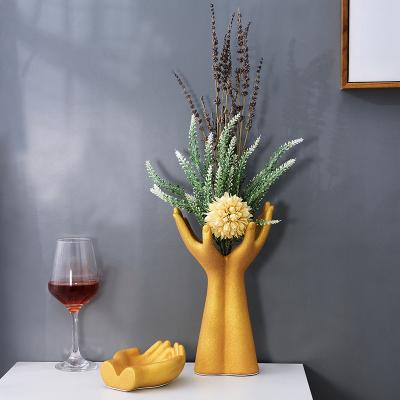 China Traditional Nordic Style Ceramic Vase Creative Hand Shaped Ceramic Flower Vase for sale