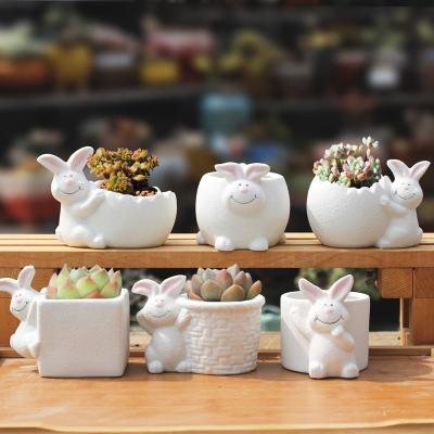 China Flower Pot Ceramic Animal Rabbit Cartoon Set 6 Shaped Succulent Pot Indoor Outdoor Cute Cartoon Planter White Plant Pot for sale