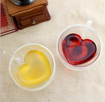 China Sustainable Double Wall Insulated Clear Glass 8.5oz Love Cup Heart Shaped Tea Cup For Lover Gift for sale