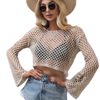 China Anti-wrinkle 2022 European and American Knit Sweater Loose Round Sleeve Flare Sleeve Neck Hollow Sweater Women for sale