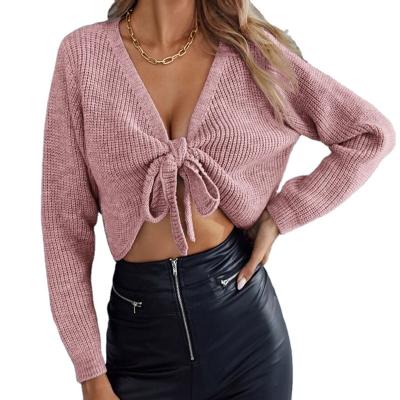 China Anti-wrinkle European and American women's sweater solid color bow horn long-sleeved thin V-neck bottoming women's sweater for sale