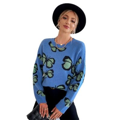 China Anti-wrinkle autumn and winter lazy sweater women loose 2021 European and American round neck butterfly knitted sweater women for sale