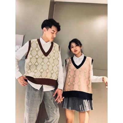 China Anti-wrinkle OEM Winter V-Neck Knitted Sweater Vest Sweater Women Loose Plaid Sweater Sleeveless Men for sale