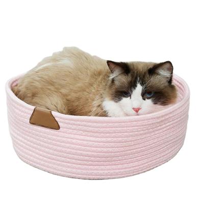 China New Heating Products Pet Beds Cute Cat Basket Nest Round Cotton Rope Woven Warm Sleeping Bed for sale