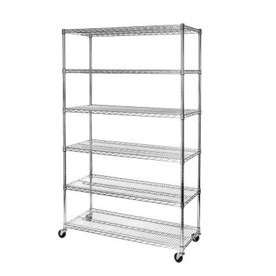 China Single Sided Heavy Duty 6 Tiers Nickel Chrome Plated Metal Storage Wire Shelf Grid Shelving for sale