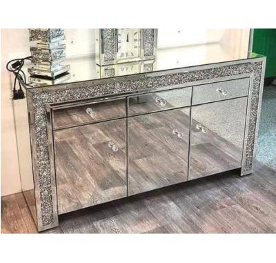 China Foshan modern furniture modern simple design crushed diamondthree doors with drawers living room side cabinet for sale