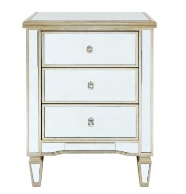 China Foshan New Good Modern Furniture Silver Wood Mirrored Nightstand With 3 Drawers Bedroom Furniture for sale