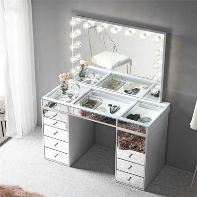 China Wholesale Modern Luxury Wooden Light Silver Bedroom Vanity Furniture Custom Made Mirror Makeup Table with Stool and Mirror for sale