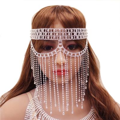 China Wholesale Fashionable Women's Rhinestone Head Chains Hollow Out Full Face Cover Long Tassel Head Wear Jewelry Headdress Accessories for sale