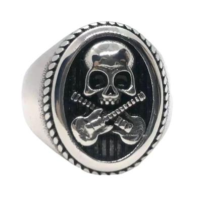 China Punk Luxury Stainless Hawaiian Guitar Skeleton Head Shape Ring Jewelry Men Minimalist Hand Jewelry Accessories for sale